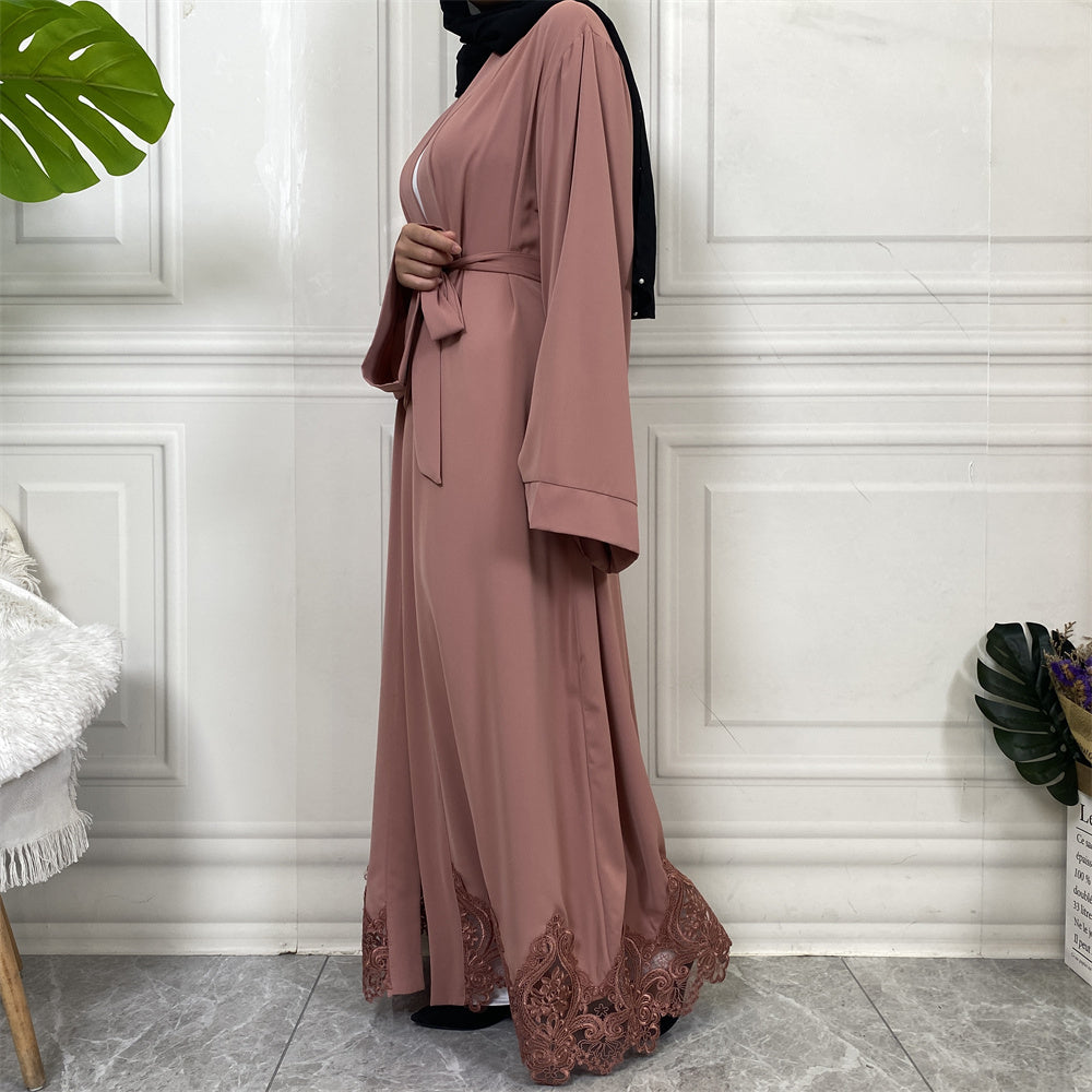 Open Lace Abaya | With Belt | Blush