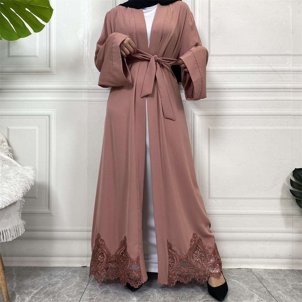 Open Lace Abaya | With Belt | Blush