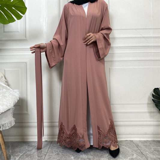 Open Lace Abaya | With Belt | Blush